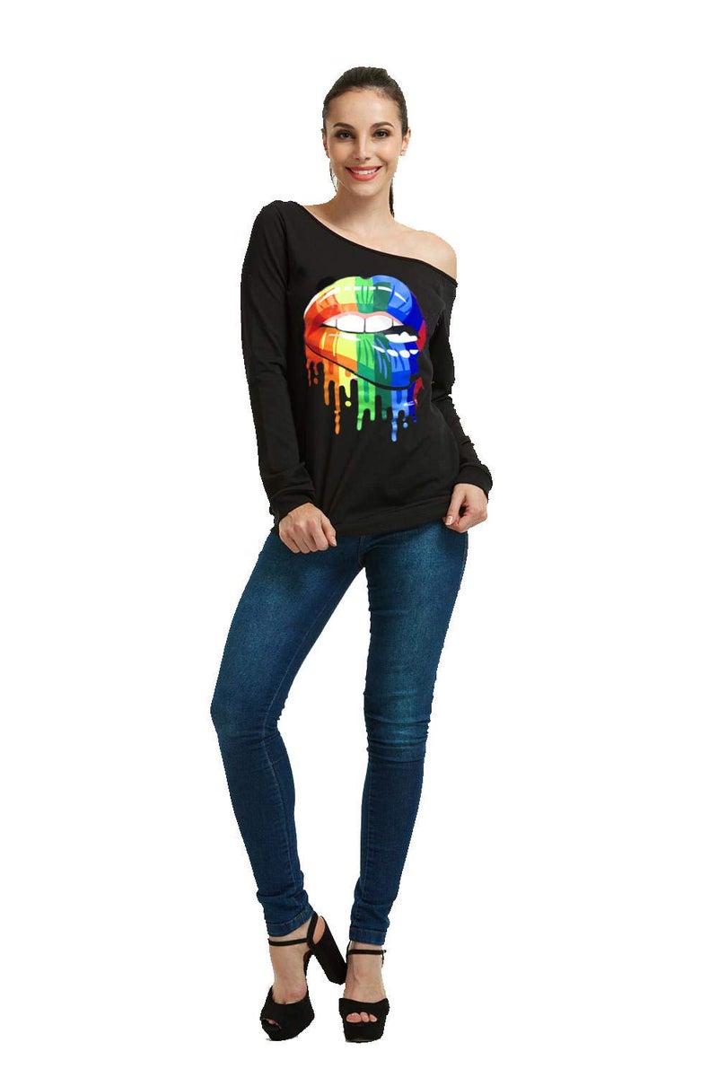 MAGICMK Womanâ€™s Sweatershirt Lips Print Causal Blouse Off The Shoulder Long Sleeve Loose Slouchy Pullover Plus Size Topsâ€¦(2XL) - Image 2
